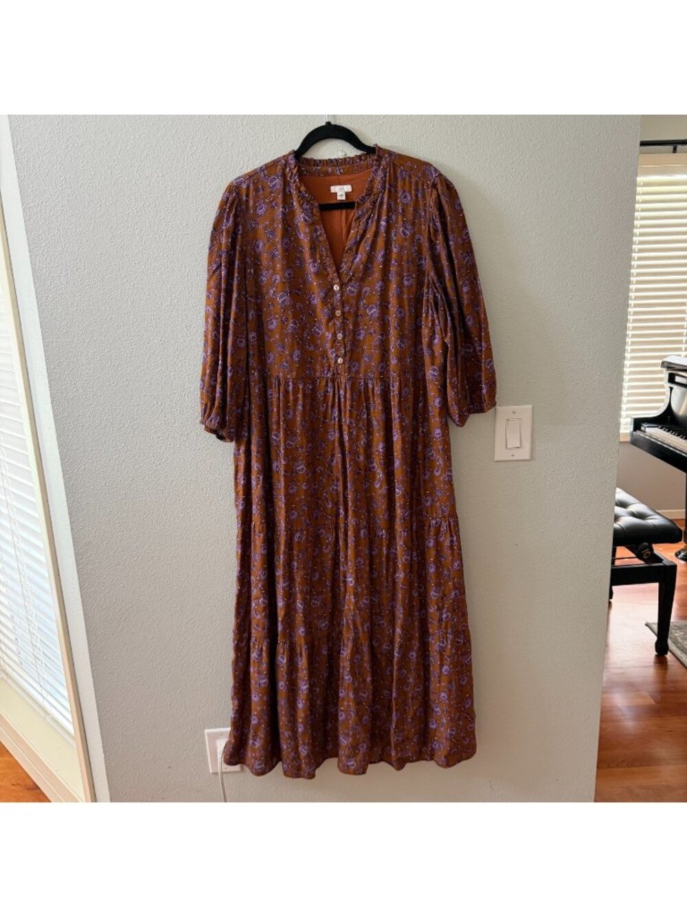 J. Jill Tiered Maxi Dress Brown Purple Floral Womens XL Peasant Boho